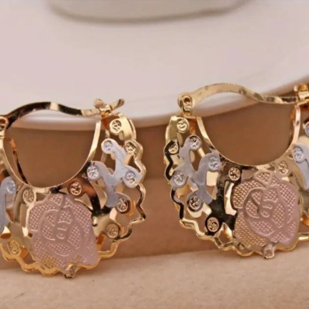 14K Plated Hollow Out Hoop Earrings, Luxurious Style